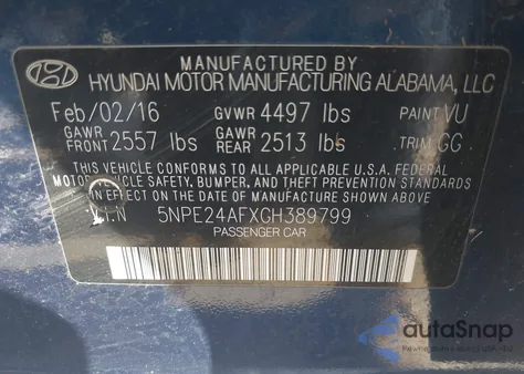 2016 Hyundai Sonata Se from USA, damaged, VIN 5NPE24AFXGH389799